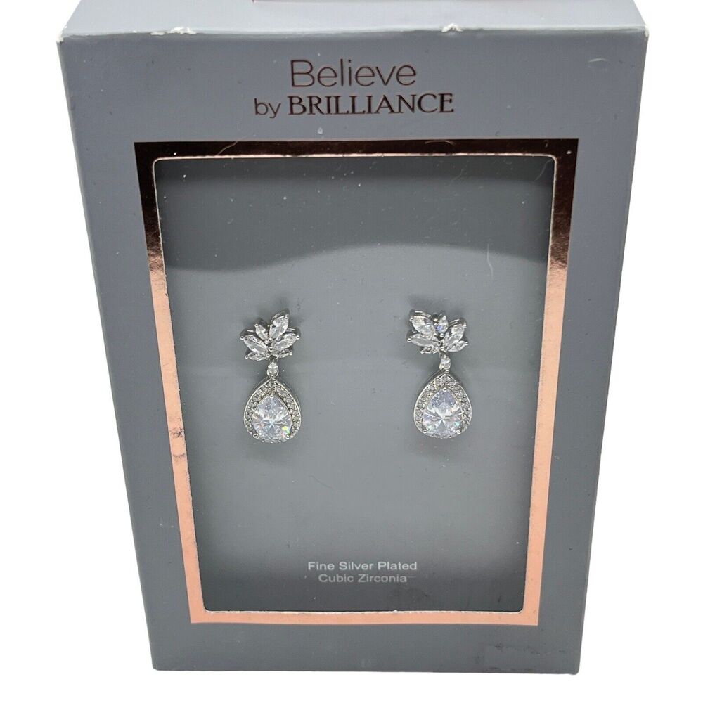 Believe by Brilliance Earrings Silver Plate Cubic Zirconia Wedding Prom In Box